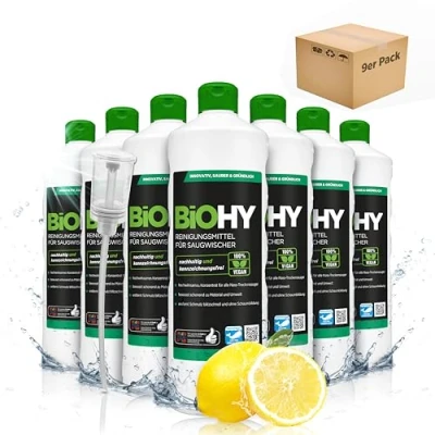 Abbildung von BiOHY Reinigungsmittel für Saugwischer mit Frischeduft (9 x 1 Liter) + Dosierer 1:200 Konzentrat alle Nass Trockensauger ideal Fliesen, PVC, Parkett, Laminat &amp; Teppich streifenfreier