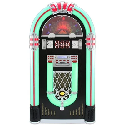 Abbildung von Monstershop Jukebox Holz Gehäuse Retro 50er Jahre Musikbox mit Schallplattenspieler USB SD Slot, AUX, MP3 Player CD Bluetooth Radio LED Beleuchtung Fernbedienung 38cm x 64cm 127cm