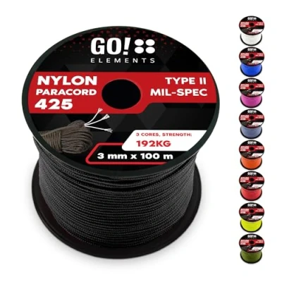 Abbildung von GO!elements 100m Paracord Seil aus reißfestem Nylon 3mm 425 Typ II max. 192kg Schnüre als Outdoor Seil, Allzweckseil, Survival Armband, Hundeleine, Nylonschnur, Farbe: Schwarz