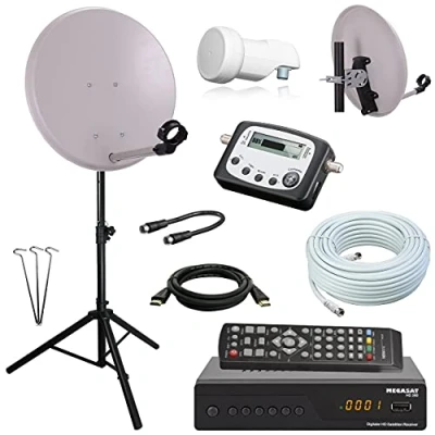 Abbildung von netshop 25 Digital Camping SAT Anlage 40 cm Spiegel + HD Receiver Digitaler Finder Single LNB 10m Kabel Dreibein Stativ