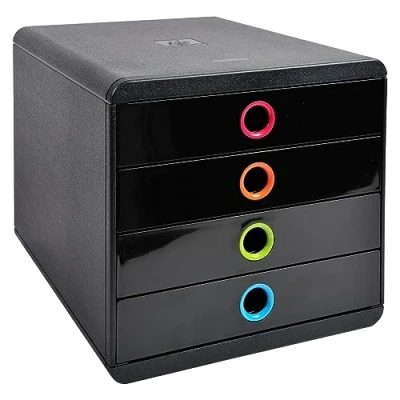 Abbildung von Exacompta 314498D Premium Ablagebox mit 4 Schubladen für DIN A+ Dokumente. Belastbare Schubladenbox hoher Kapazität mehr Platz auf dem Schreibtisch Pop Box schwarz/bunt