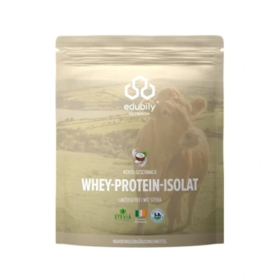 Abbildung von edubily nutrition® Whey Protein Isolat Laktosefrei Sehr gut lösliches Eiweißpulver ohne Kohlenhydrate &amp; Zucker Aus irischer Weidehaltung 750 g (Kokos mit Stevia)