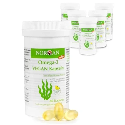 Abbildung von NORSAN Premium Omega 3 Vegan Kapseln 6er Pack (6x 80 Stück) / 1.700mg pro Tagesdosis/vegane Algenöl mit hohem EPA &amp; DHA Anteil/Omega aus nachhaltigem Anbau