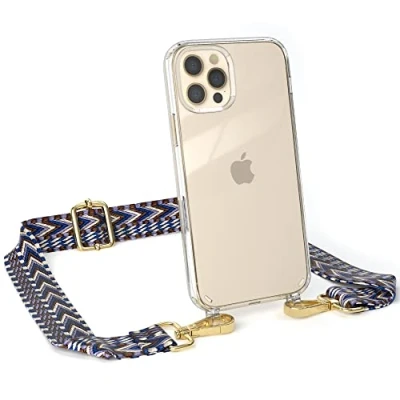 Abbildung von EAZY CASE Handykette Flexibler Trageriemen kompatibel mit iPhone 12/12 Pro, Schultergurt zum Umhängen, Taschenriemen, Band austauschen, Wechselgurt, Blau/Weiß Metall Gold