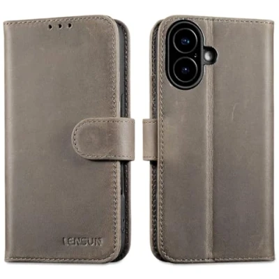 Abbildung von LENSUN Lederhülle für iPhone 16, Echtleder Hülle [Echtes Leder][Kartenfach][RFID Blocker] Handyhülle Handytasche Flip Kompatibel mit 16 5G Graubraun