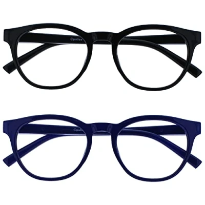 Abbildung von OPULIZE Blu Brille Blaulichtfilter 2er Pack Cool Rund Rahmen Federscharniere Verbessern Den Schlaf Computerbrille Gaming Entspiegelt Schwarz Blau Herren Damen BB5 13 +0.00