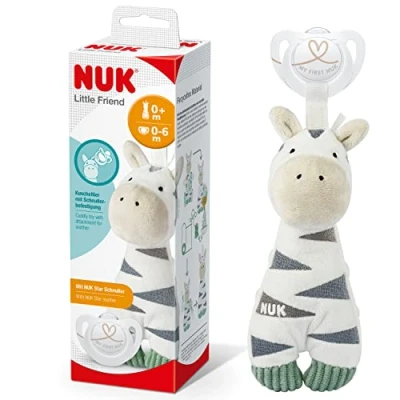 Abbildung von NUK Little Friend Kuscheltier &amp; Star Babyschnuller 06 Monate mit integriertem Schnuller Clip für Ring flauschiges im Zebra Design