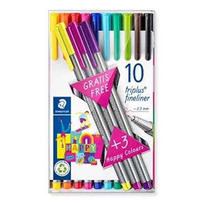 Abbildung von STAEDTLER Fineliner triplus Promotion Set, ergonomischer Dreikantschaft, superfeine 0,3 mm Spitze, lange Lebensdauer, 10 + 3 in sortierten Farben Happy Farben, 334 TB13