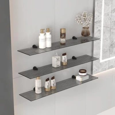 Abbildung von Euro Tische Wandregal aus Glas, 80 cm, Glasregal für Badezimmer, Duschregal Grauglas geriffelt mit 6 mm ESG Sicherheitsglas und Metallhalterungen (Grauglas gerillt)