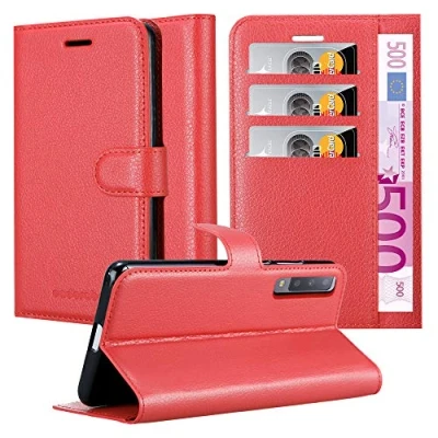 Abbildung von Cadorabo Hülle kompatibel mit Samsung Galaxy A7 2018 Handyhülle aus Kunst Leder Flip Klappbare Stoßfeste Magnetische [Standfunktion] [Kartenfächern] Cover für Tasche in Rot