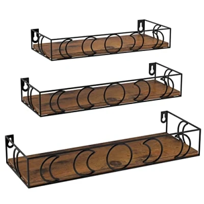 Abbildung von EYMPEU Wandregal 3er Set schwebende Holzregale mit Mondphasen Metalldekor, ideal für Küche, Bad, Büro und Wohnräume, praktische Aufbewahrung stilvolle Dekoration, Schwarz