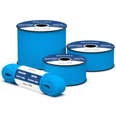Abbildung von Brotree 550 Paracord 4mm 100m Schnur 100% Polyester Seil Reißfest Typ III 7 Kern für Armbänder, Basteln, Outdoor, Camping, Survival Licht Blau