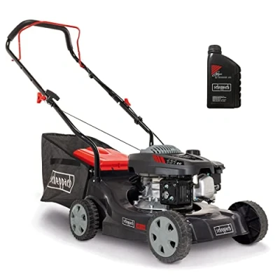 Abbildung von Scheppach Benzin Rasenmäher MP132 40 mit 40cm Schnittbreite Leistung 3,3PS / 2,4kW 3 fache Schnitthöhenverstellung 35 L Fangkorb geeignet bis 600 m² große Laufräder inkl. Motoröl