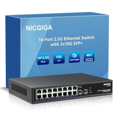 Abbildung von 16 Port 2,5 G ➕ 2 10 SFP+ Ethernet Switch, NICGIGA 18 Gbit Netzwerk Switch unverwaltet, Plug &amp; Play, Desktop oder 19 Zoll Rack Montage, lüfterloses Metalldesign.
