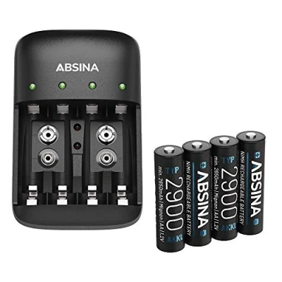 Abbildung von ABSINA Akku Ladegerät AA AAA &amp; 9V Block inkl. 4X 2900 Akkus NiMH Batterien 4 Fach für aufladbare Batterieladegerät mit