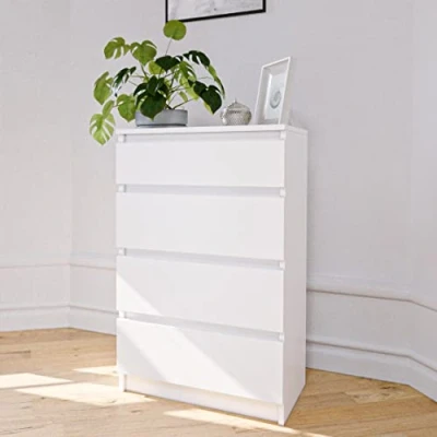 Abbildung von Home Collective Kommode weiß Schlafzimmer Flur Nachttisch, verfügbar in Matt und Hochglanz, Sideboard, Highboard, mit vier Schubladen, Breite 60 cm Höhe 95cm