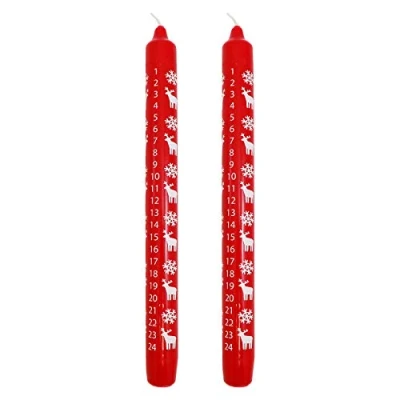 Abbildung von Ebersbacher Kerzenfabrik GmbH Adventskalenderkerze Schneeflocke &amp; Elch rot mit weißem Druck 2 Stück ca. (ØxH) 22 x 250 mm, Unparfümiert