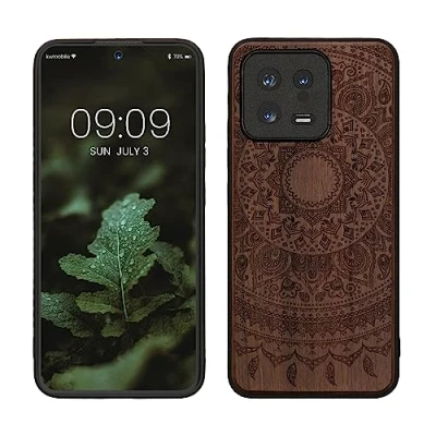 Abbildung von kwmobile Hülle kompatibel mit Xiaomi 13 5G Holz Case Handy Cover TPU Handyhülle in Dunkelbraun Indische Sonne