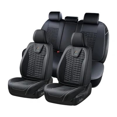 Abbildung von FLORICH Florcih Autositzbezüge, Premium Leder Vorder und Rücksitzbezüge, 5 Stück, universelles Auto Innenausstattungs Set, universell passend für die meisten Autos, Limousinen, SUVs LKWs, schwarz