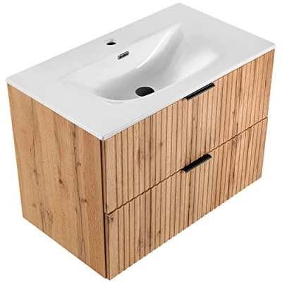 Abbildung von Lomadox Badmöbel Waschtisch Set 81cm mit Keramik Waschbacken, Unterschrank Wotaneiche gerilllter Front, Badschrank 2 Softclose Auszügen, B/H/T ca. 81/58,5/46 cm