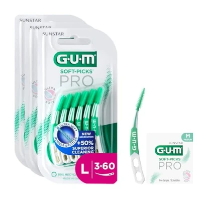 Abbildung von GUM SOFT PICKS PRO Interdentalreiniger gebogene Form für leichten Zugang zu schwer zugänglichen Stellen sanfte Wirkung empfindliches Zahnfleisch [L 3x60] (+1 Gratisprobe)