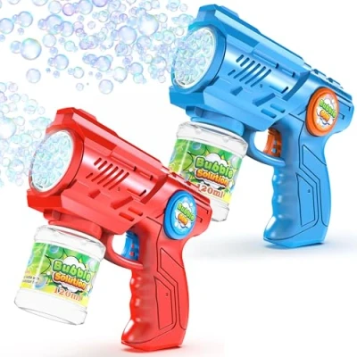 Abbildung von Blubbel 2X Seifenblasenpistole, LED Seifenblasenmaschine, 100ml Seifenblasenflüssigkeit Tank, Seifenblasen Pistole, Blasen Kanone, Luftblasen Bazooka Bubble Gun, Geschenke für Kinder, Hochzeit