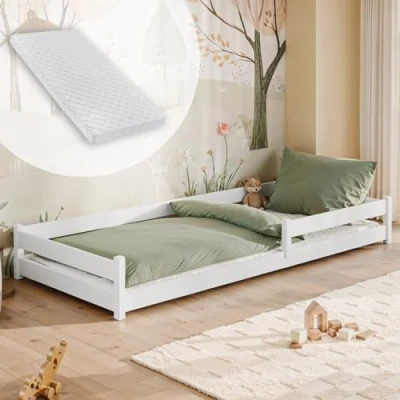 Abbildung von Kids Collective Kinderbett Bodenbett 80x160 cm mit Rausfallschutz &amp; Lattenrost Montessori Bett Bed Gitterbett Kinder Jugendbett Einzelbett inklusive Matratze weiß