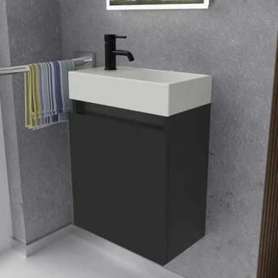 Abbildung von Alpenberger Badmöbel Set Gäste WC Waschbecken mit Unterschrank Badschrank Hängend, (2 tlg. Waschtisch Schwarz, Waschbeckenunterschrank Softclose), Waschplätze für Kleine Bäder Hängend und Vormontiert