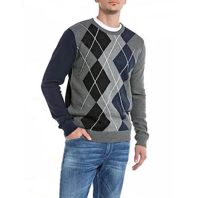 Abbildung von Replay Herren Pullover aus Baumwoll/Kaschmirmix, Jacquard Grey Mel/Black/Whithe 010 (Mehrfarbig), S