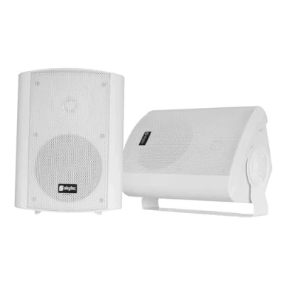 Abbildung von Power Dynamics ODS50W Lautsprecher Boxen 2er Set 100 Watt 2 Wege Wandlautsprecher für die Festmontage an Wand und Decke Zuhause, Gastro, Bars, inkl Montagebügel Weiß