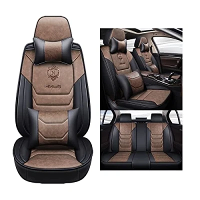 Abbildung von Eunncu Autositzbezüge komplettes Set Universal in Stylish Design Schonbezüge für Vordersitze und Rückbank Auto Sitzbezüge Airbag Kompatibel Premium Wasserdicht Sitzbezug, Kaffee Luxus