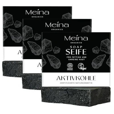 Abbildung von Meina Naturkosmetik Schwarze Seife mit Aktivkohle gegen Pickel, Naturseife für fettige und unreine Haut ohne Palmöl, Zertifiziert, Vegan, Handgemacht, Wie ein festes Duschgel, 100g