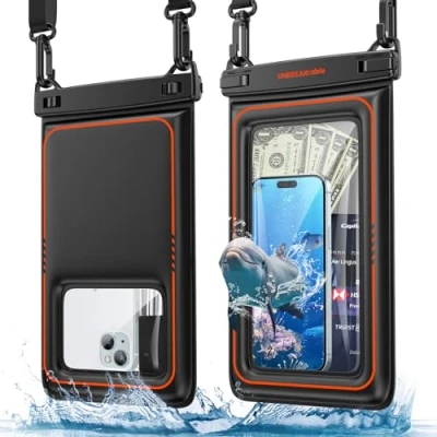 Abbildung von UNBREAKcable Große wasserdichte Handyhülle 2er Pack, IPX8 Schwimmende Handytasche für iPhone 15 14 13 Pro Max 12 11 XR XS SE, Samsung S24 S23 S22 S21 &amp; mehr, bis zu 9,5&quot; Schwarz