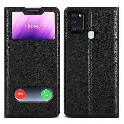 Abbildung von Cadorabo Hülle kompatibel mit Samsung Galaxy A21s in KOMETEN SCHWARZ Schutzhülle Magnetverschluss, Standfunktion und 2 Sichtfenstern