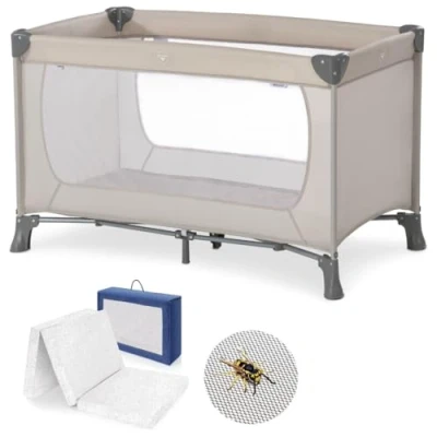 Abbildung von Hauck Baby Reisebett Set Dream n Play mit extra Alvi Komfort Matratze und Moskitonetz faltbares Kinder Babyreisebett Tasche Beige