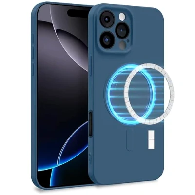 Abbildung von MyGadget Hülle für Apple iPhone 16 Pro Max [ kompatibel mit MagSafe ] Zweilagige Handyhülle Kameraschutz Cover Innenfutter &amp; Silikon außen Dunkel Blau