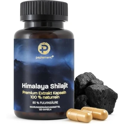 Abbildung von Himalaya Shilajit Premium Extrakt Kapseln 120 Stück 1000 mg Tagesdosis Mumijo mit 80% Fulvinsäure, das Original aus dem Geschmacksneutral, einfach einzunehmen