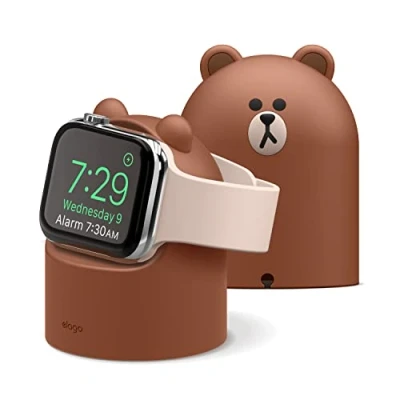 Abbildung von elago LINE Friends W2 Ladestation Ständer Kompatibel mit Apple Watch Serie 10, 9, 8, SE2, 7, 6, SE, 5, 4, 3, 2, 1 Ultra 2 &amp; Nachttisch Modus (Brown)
