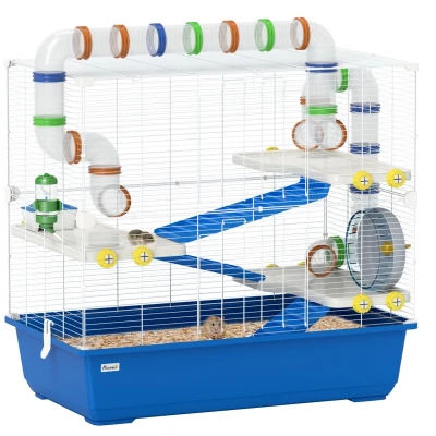 Abbildung von PawHut Kleintierkäfig Hamsterkäfig für Zwerghamster 4 Etagen Nagerkäfig mit Laufrad, groß Mäusekäfig Käfig 78 x 45 73 cm Blau