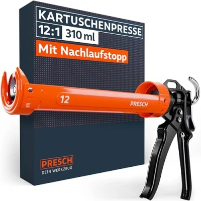 Abbildung von Presch Kartuschenpresse 12:1 Übersetzung &amp; Nachlaufstopp Silikonspritze für Kartuschen bis 310ml (Niedrige Viskosität, Acryl Silikon) Kartuschenpistole 360 drehbar inkl. Einstechwerkzeug