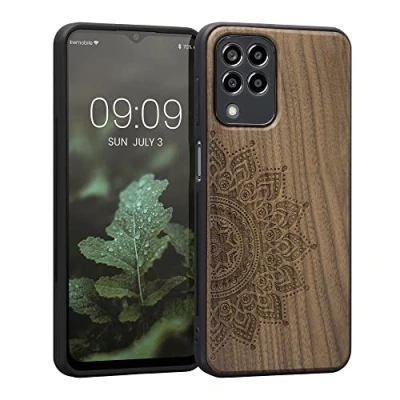 Abbildung von kwmobile Hülle kompatibel mit Samsung Galaxy M33 5G Holz Case Handy Cover TPU Handyhülle in Dunkelbraun Aufgehende Sonne