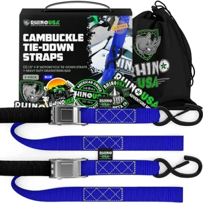 Abbildung von Rhino USA Motorrad Spanngurte mit Haken 2 Pack 1000kg Bruchfestigkeit Stahl Schloss Spanngurt Set Schlaufen Transportsicherung Transport Blau