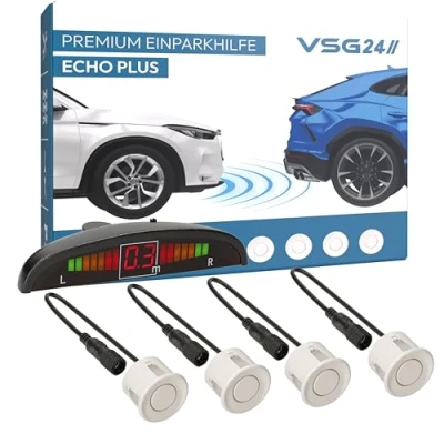 Abbildung von VSG24 Premium Einparkhilfe VORNE mit Display zum nachrüsten am Auto, PDC Parksensoren hinten Stecksystem für einfachste Montage 4 Rückfahrwarner Sensoren Parkhilfe Nachrüstsatz Weiß