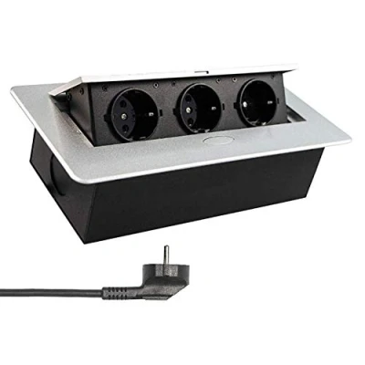 Abbildung von Versenkbare Einbausteckdose Silber mit Kabel/Stecker 3er Schuko Steckdose Tischsteckdose versenkbar Schreibtisch Stromdose Energiestation