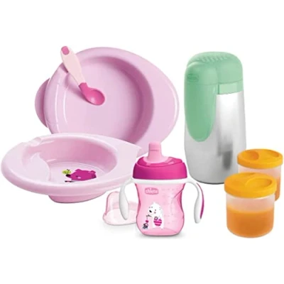 Abbildung von Chicco Baby Geschirr Set, Geschirrset für Essen und Babynahrung, bestehend aus Tasse Training Cup, Erster Löffel, Teller, Babynahrung Teller thermischer Speisenhalter, 6 M +, Rosa
