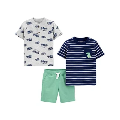 Abbildung von Simple Joys by Carter&#039;s Baby Jungen 3 Piece Button Up, Shorts, and Tee Playwear Hosen Set, Grau Monster Trucks/Grün/Marineblau Streifen, Jahre