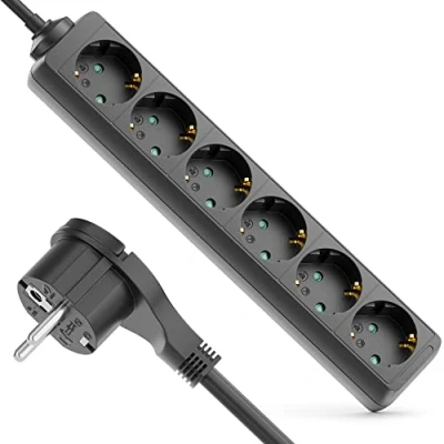 Abbildung von deleyCON 6 Fach Steckdosenleiste mit Flachstecker Stromleiste für Innenbereich 3,0m Kabel Flachkontakt Stecker Robustes Kunststoffgehäuse Schwarz