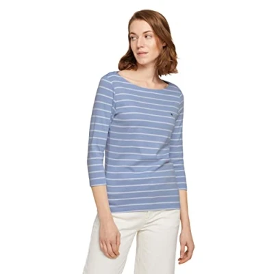 Abbildung von TOM TAILOR Damen Longsleeve mit Logo Stickerei 1032035, 29952 Blue White Stripe, XXS