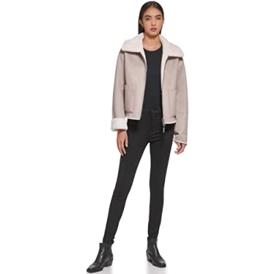 Abbildung von Dkny Damen Outerwear Women&#039;s, Faux Fur, Zipfront With Collar JACKET, THISTLE, M EU