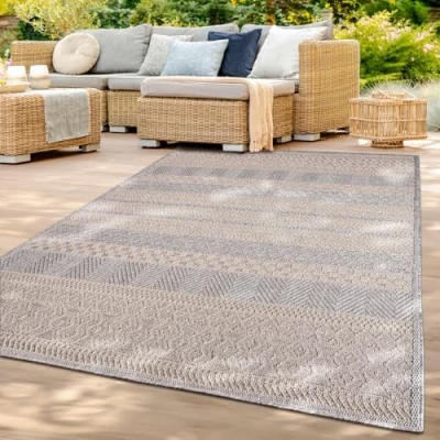Abbildung von TT Home In &amp; Outdoor Teppich Wetterfest Balkon Küche Wohnzimmer Boho Rauten Design, Farbe: Grau, Größe:160 cm Rund